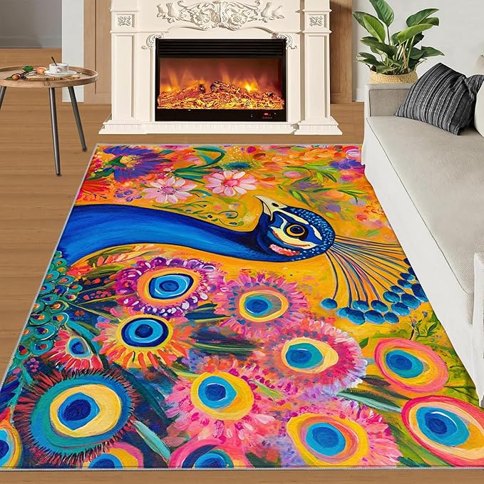 Peacock Rugs for Living Room - 8x10 Rug, Boho Floral Botanical Area Rugs for Bedroom, Wonderful Peacock Rug, Peafowl Washable Carpet, Floral Animal Carpet - Peafowl Home Decor & Gifts