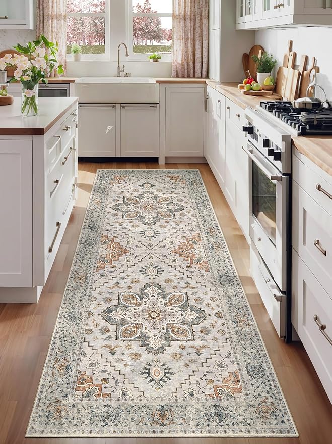 Tangsoo 2x6 Washable Runner Rug for Hallways, Non Slip Vintage Runner Rugs, Soft Low Pile Long, Print Distressed Greye Carpet Runners for Kitchen Bedroom Entryway Bathroom Living Room