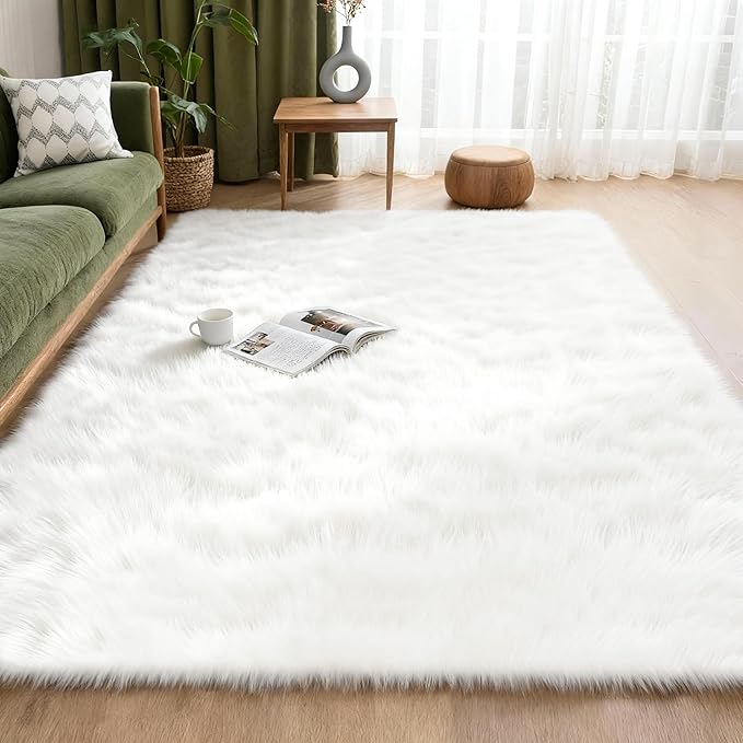 6x9 Solid Fluffy White Area Rug – Washable, Durable, Large Bedroom Rug, Non-Slip High Pile Shag Rugs for Living Room, Sofa Coffee Table, Nursery Rooms, Kids Room, Soft Indoor Floor Carpet