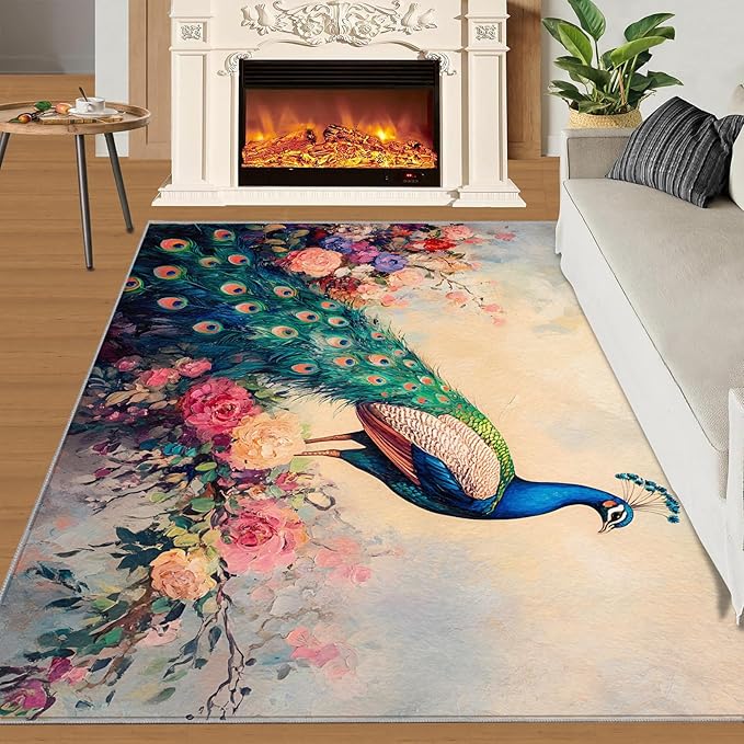 Peacock Peony Rug 4x5-4x5 Rug, Classic Peacock Peony Area Rugs for Bedroom, Teal Turquoise Rugs for Living Room, Peafowl Washable Mat, Malachite Green Feather Carpet - Peafowl Home Decor & Gifts