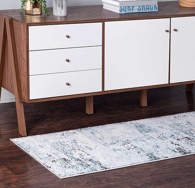Rugs.com Leipzig Collection Runner Rug – 6 Ft Runner Blue Low-Pile Rug Perfect for Hallways, Entryways