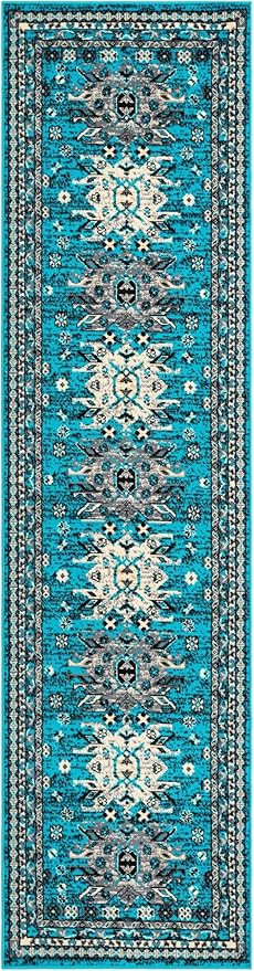 Unique Loom Taftan Collection Border Geometric Tribal Inspired Design Area Rug, 2 ft 7 in x 10 ft, Turquoise/Gray