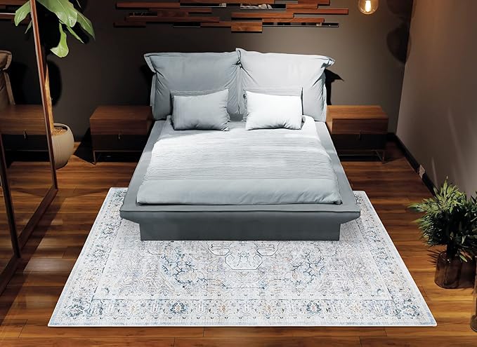 Bloom Rugs Washable Non-Slip 9' x 12' Rug - Cream/Light Blue/Teal Traditional Medallion Area Rug for Living Room, Bedroom, Dining Room, and Kitchen - Exact Size: 9' x 12'
