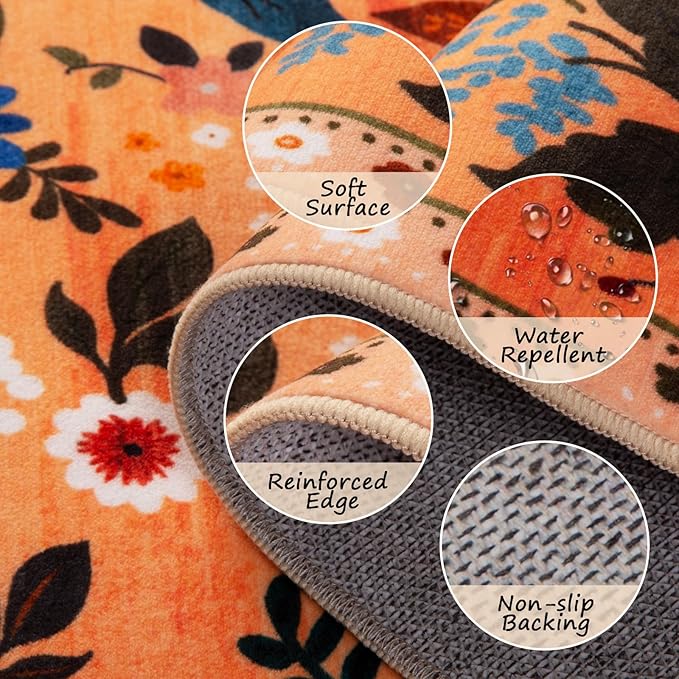 Floral 2x8 Area Rug Machine Washable Soft Print Boho Carpet Non Slip Doormat Low Pile Flower Area Rugs for Living Room Bedroom Nursery Kitchen Dining Room Indoor-Yellow/Orange