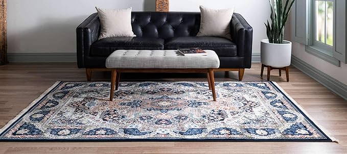 Unique Loom Narenj Collection Classic Traditional Medallion Textured Design Area Rug, 8 x 10 ft, Navy Blue/Tan