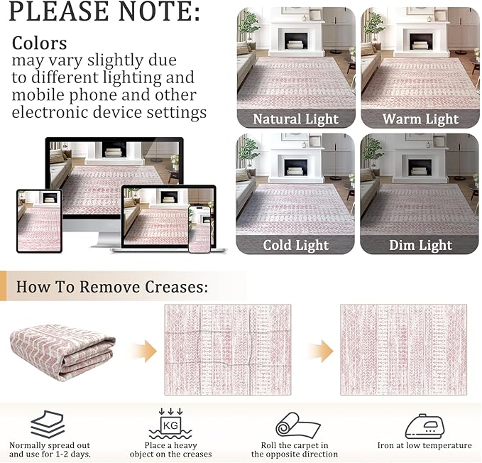 5x7 Machine Washable Area Rug for Living Room, Pink Vintage Moroccan Rug Large Non-Slip Low Pile Soft Faux Wool Carpet, Kids and Pets Friendly for Bedroom Dining Room Farmhouse Home Decor Rug