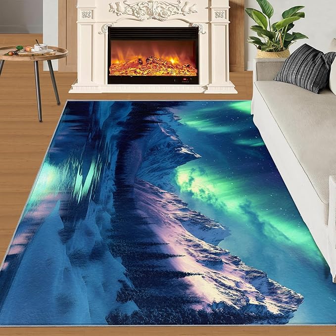 3x5 Snowy Mountains Dorm Rug - Aurora Borealis Small Rugs for Bedroom, Polar Landscape Area Rug Washable Non Slip for Bedroom Kitchen Living Room Entryway