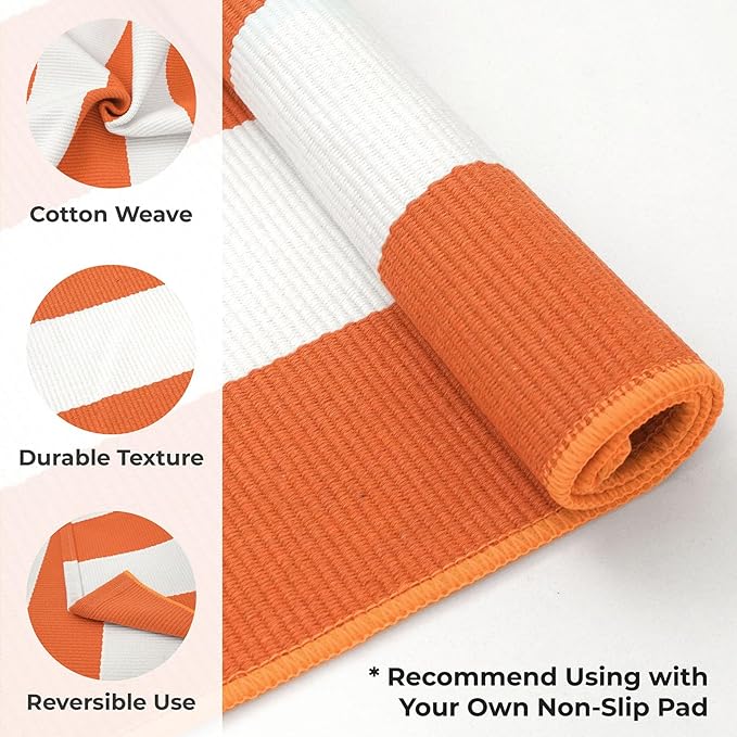 KOZYFLY Striped Outdoor Rug 4x6 Ft Orange and White Halloween Fall Hand Woven Area Rug Washable Outdoor Doormats Indoor Entrance Mat for Front Door Kitchen Entryway Patio Front Porch Decor