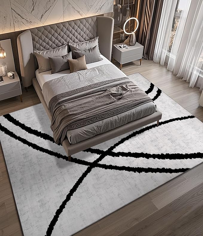 YIHOUSE Modern Area Rugs for Living Room, 8x10 Washable Black and White Rug, Thin Abstract Geometric Striped Rug, Area Rug for Bedroom,Kitchen,Dining Room,Office