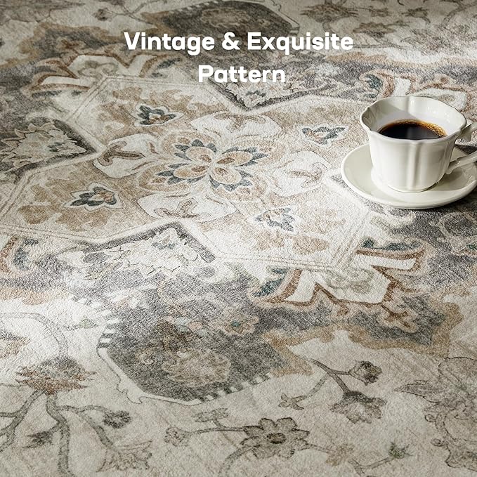 Marsail 6x9 Machine Washable Area Rug, Soft & Slip-Resistant Large Area Rug with Reinforced Bound Edges, Vintage Short-Pile Washable Rug with Floral Pattern for Living Room, Dinning Room and Bedroom
