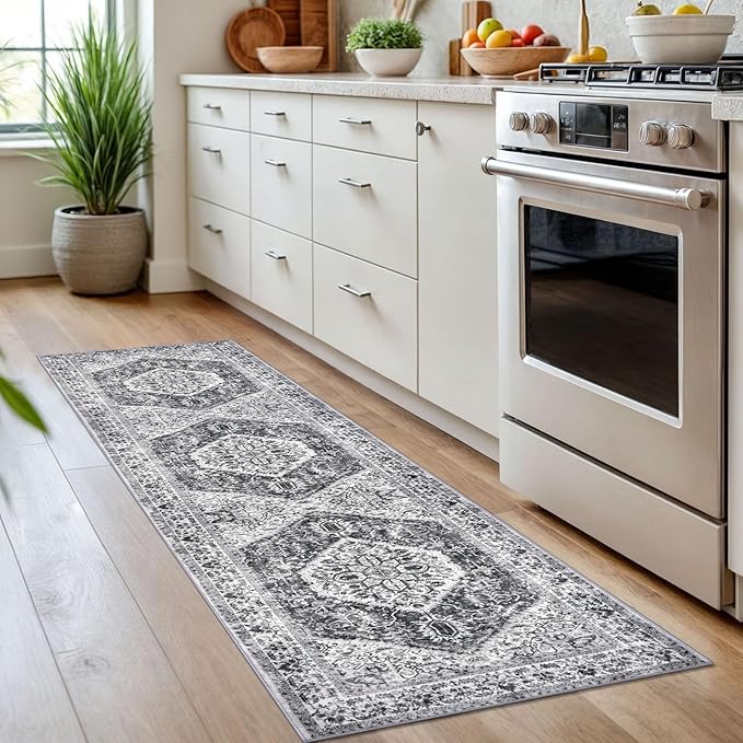 KOZYFLY Runners for Hallways 2x7 Ft Washable Kitchen Runner Rug Boho Runner Rug for Entryway Indoor Printed Faux Wool Floor Carpet Runner for Bedroom Kitchen Hall, Grey