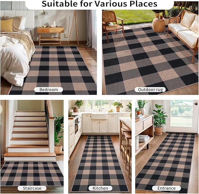 Tangsoo Checkered Easy Jute Runner Rug for Hallways,2x6 Washable Non-Slip Carpet Runner for Kitchen Bedroom Laundry Entryway Modern Black Grey Indoor Outdoor Floor Mat