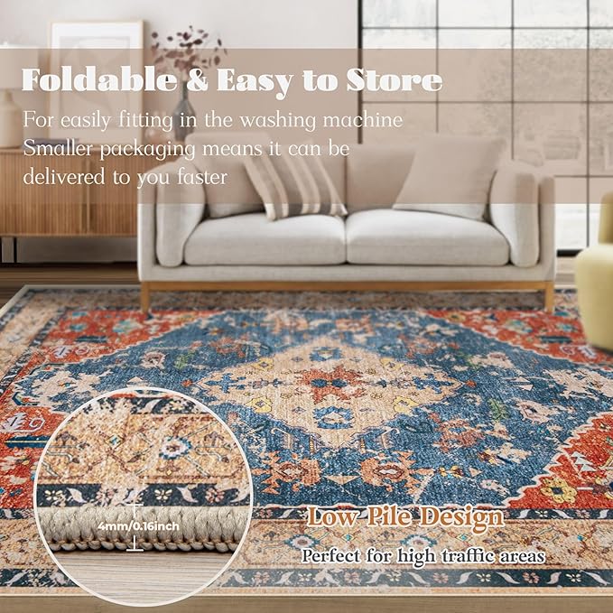 Area Rug 8x10 Washable Rug, Vintage Boho Medallion Rugs Non-Slip Soft Low Pile Large Distressed Rug Indoor Retro Carpet for Living Room Bedroom Dining Room Home Office (Tribal Medallion/Multi, 8'x10')
