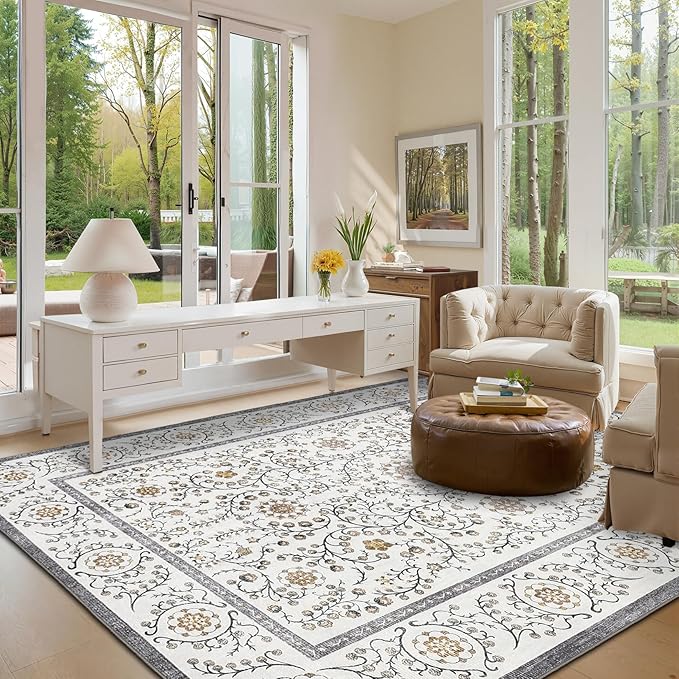 GarveeHome Boho 5x7 Area Rug for Bedroom, Floral Vintage Rugs for Living Room with Soft Low Pile, Non Slip Botanical Washable Rugs 5x7 for Dining Room Grey Carpet for Entryway Dorm Office Playroom
