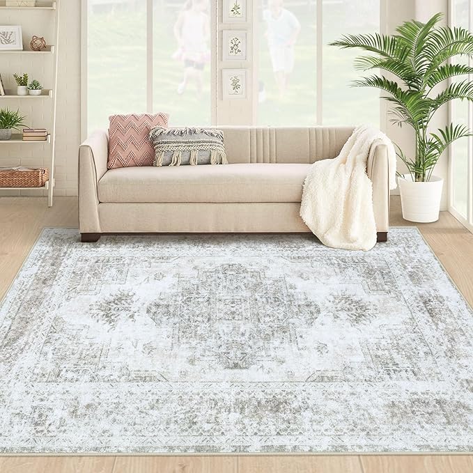 Area Rug 4x6 Vintage Rug, Machine Washable Vintage Distressed Medallion Rug Non-Slip Soft Low Pile Large Indoor Rugs for Bedroom Kitchen Dining Room Office(Taupe,4'x6')