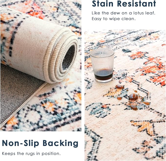 VK VK·LIVING Round Washable Rug 5'Ft Vintage Machine Washable Area Rugs with Non Slip Round Rugs for Living Room Bedroom Traditional Woven Carpet Stain Resistant Dining Home Office Boho Rug (Blue)