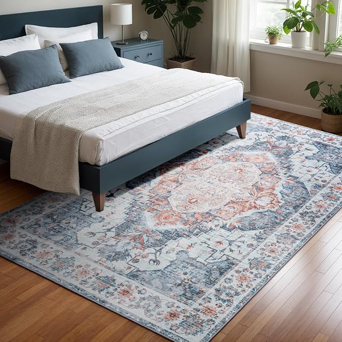 5x7 Washable Rug – Boho Non-Slip Indoor Area Rug for Living Room, Bedroom, Dining Room, Entryway –Muted Blue and Rust Distressed Pattern