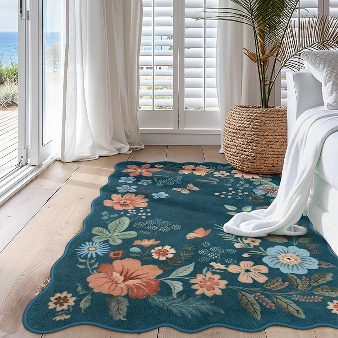 Lahome Floral Washable Rugs for Bedroom, 4X6 Area Rug Ultra-Thin Soft Living Room Rug, Non-Slip Classroom Stain Resistant Lightweight Boho Low-Pile Carpet for ‎‎Nursery Office (4x6ft,Navy Blue)