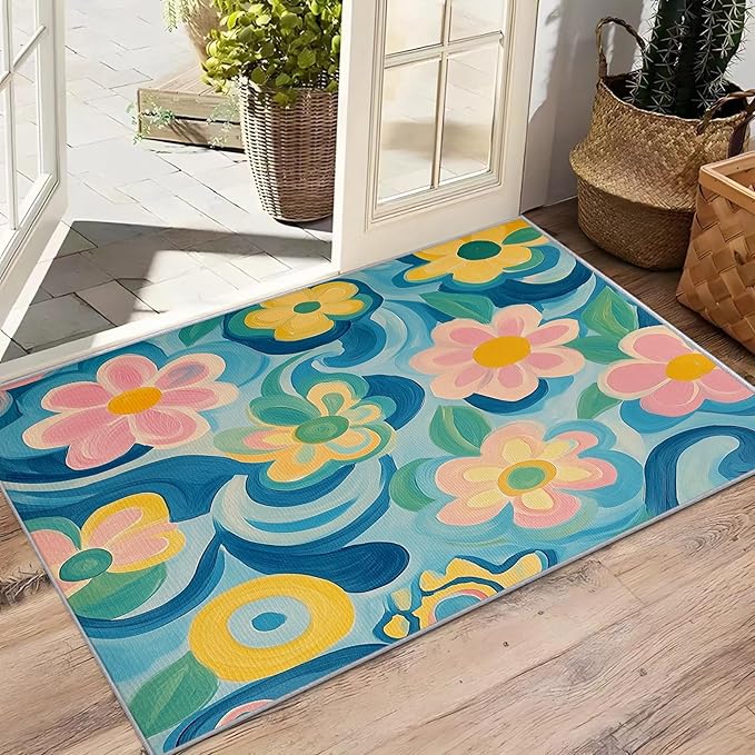 4x6 Rug Washable - Floral Rug for Bedroom, Modern Artistic Flower Non Slip Low Pile Area Rugs for Living Room Laundry, Floral Carpet Room Decor & Gifts