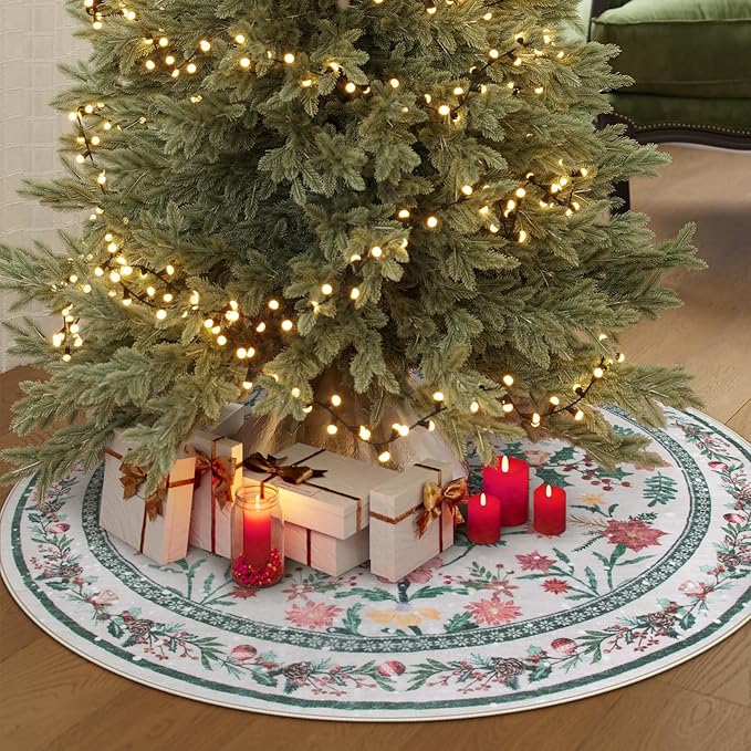 Wonnitar Christmas Decorations for Bedroom, Round Christmas Rug for Entryway Indoor, 4ft Washable Circle Rug Holiday Decor Non Slip Small Round Carpet for Living Room Kids Room Bathroom Xmas Tree