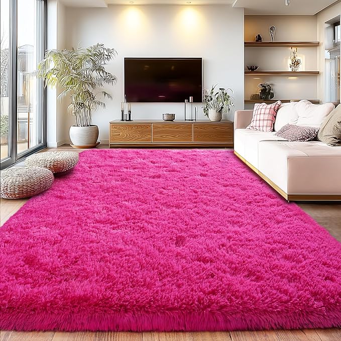 Soft Shaggy for Bedrooms, Hot Pink Area Rug, Fluffy Rugs for Living Room, Cozy Fuzzy Carpet for Kids, Perfect Indoor Decor for Boys and Girls 4x6 Feet