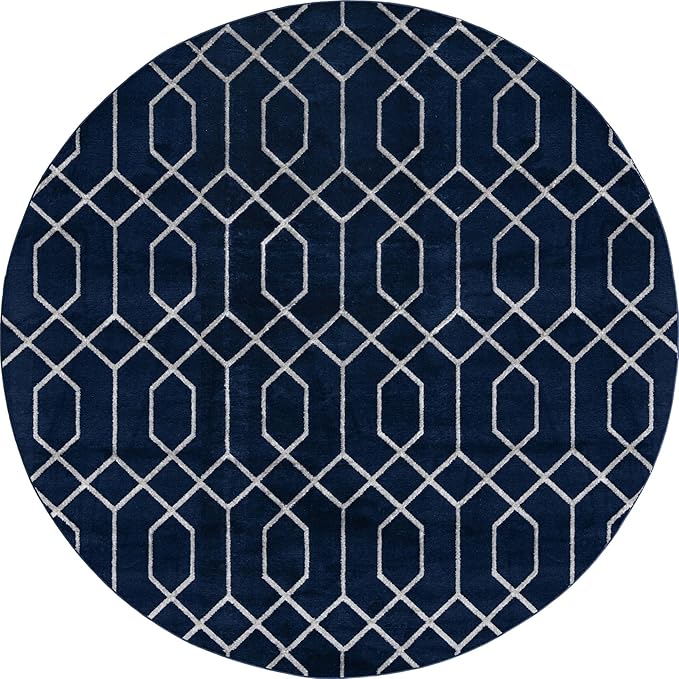 Unique Loom Glam Collection Area Rug - Trellis (7' 10' Round, Navy Blue Silver/ Silver)