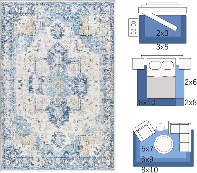 jinchan Kelda Runner Rug 3x10 Washable Rug Soft Hallway Runner Indoor Vintage Print Floor Cover Retro Distressed Lightweight Non-Slip Thin Carpet for Bathroom Kitchen Living Room Bedroom Blue