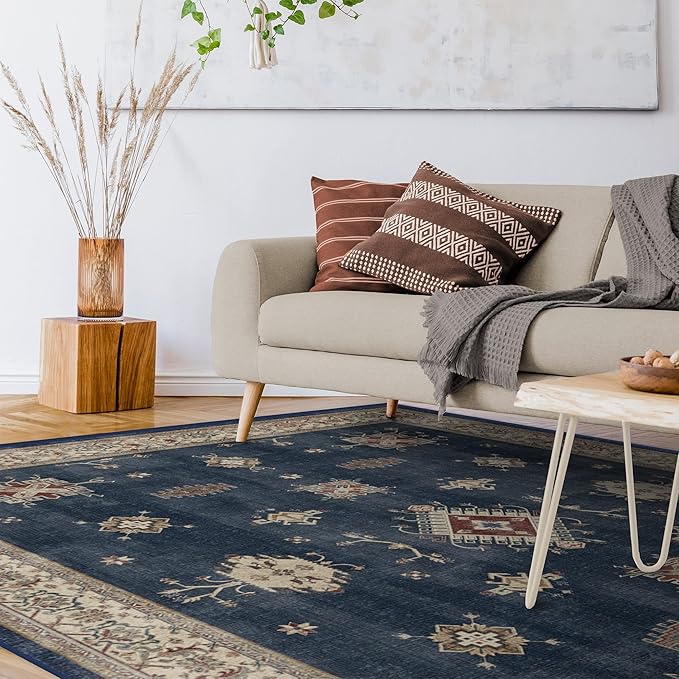 RUGGABLE Washable Vintage Area Rug – Verena Sapphire 9x12, Stain-Resistant, Non-Slip – Large Machine Washable Rugs for Living Room, Bedroom, Hallway, Entryway & Office–with Cushioned Pad