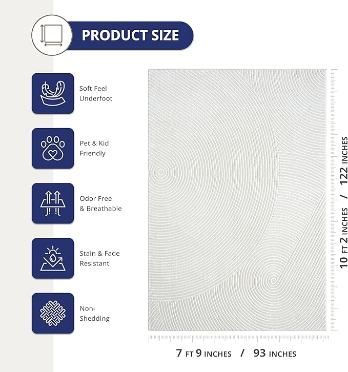 Abani Cream Area Rug 8' x 10' for Living Room, Bedroom - Zen Reiki Circles Pattern - Durable & Easy to Clean
