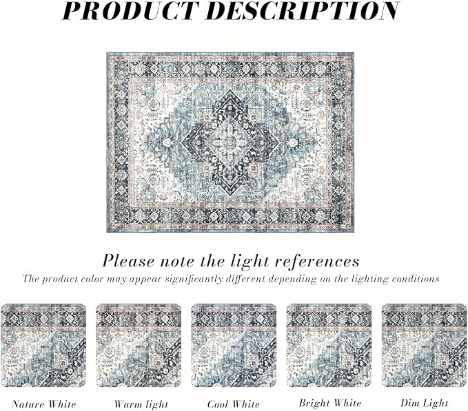 Area Rug 8×10, Large Vintage Boho Rug,Ultra-Soft Low Pile, Washable, Non Slip,Stain Resistant, Printed Carpet for Living Room Bedrooms Playroom Office Kitchen, Blue/Navy