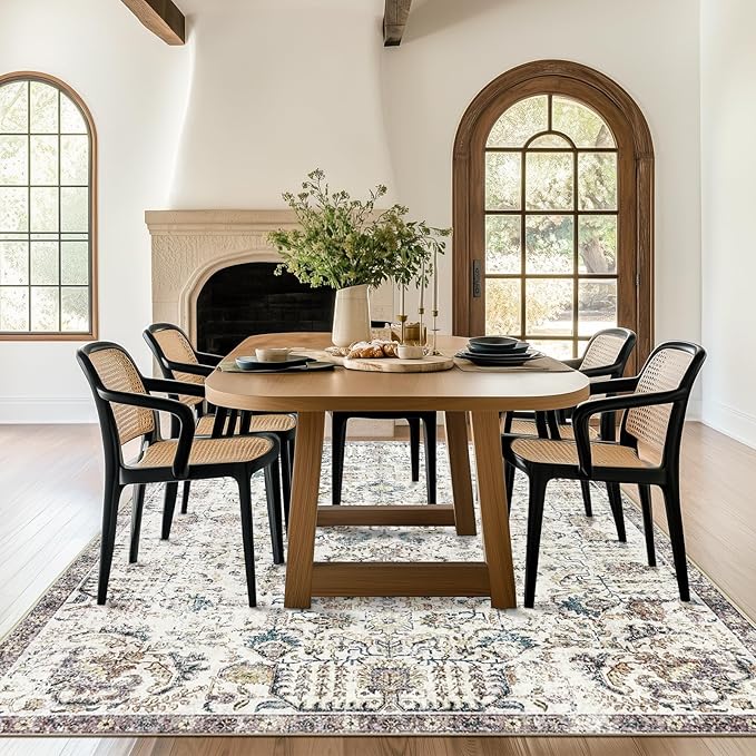 jinchan Area Rug 8x10 Washable Living Room Rug Vintage Indoor Large Floor Cover Retro Distressed Floral Country Boho Lightweight Non Slip Thin Carpet for Kitchen Bedroom Dining Room Office Blue