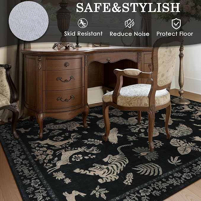 Moynesa Vintage Animal Washable Area Rugs 5x7, Retro Black Gold Area Rug for Bedroom Living Room Dining Room Office Study, Low Pile Soft Non-Slip Lightweight Carpets for Home Decor