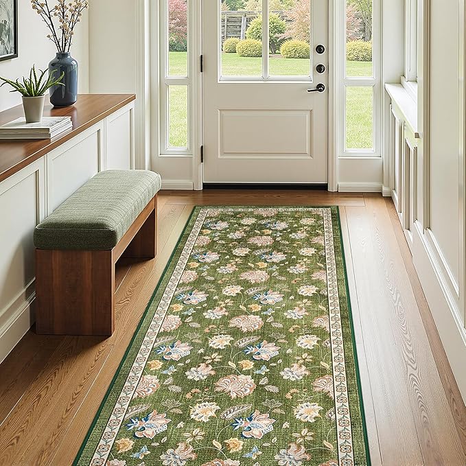 jinchan Elora 3x8 Floral Runner Rug for Hallway Washable Kitchen Runner Vintage Romance Design Non Slip Thin Indoor Floor Cover Low-Profile Throw Carpet for Entryway Bathroom Bedroom Porch, Green