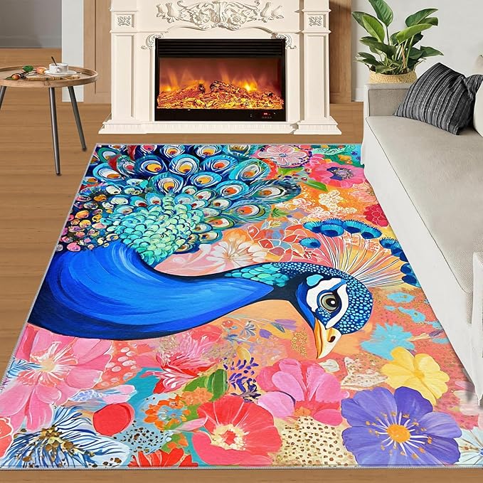 Peacock Area Rug 2x3-2x3 Rug, Boho Floral Rugs for Living Room, Colorful Carpet, Oil Painting Art Washable Area Rugs for Bedroom, Aesthetics Carpet - Peafowl Home Decor & Gifts
