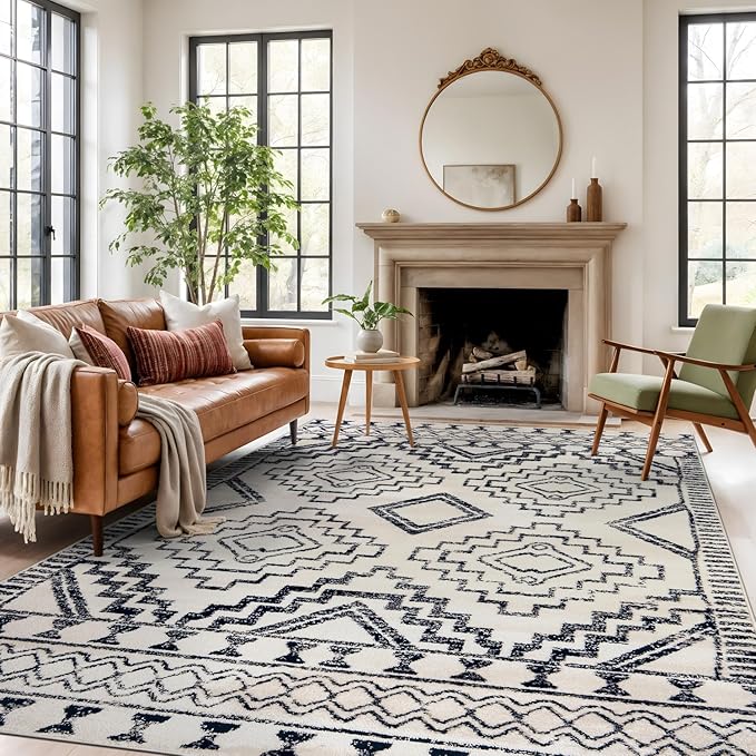 Rugshop Cream and Black Southwestern Tribal Area Rug – Boho Geometric Diamond Pattern Carpet for Living Room, Bedroom, or Entryway – Soft Modern Rustic Floor Décor 7' 10" x 10' Cream