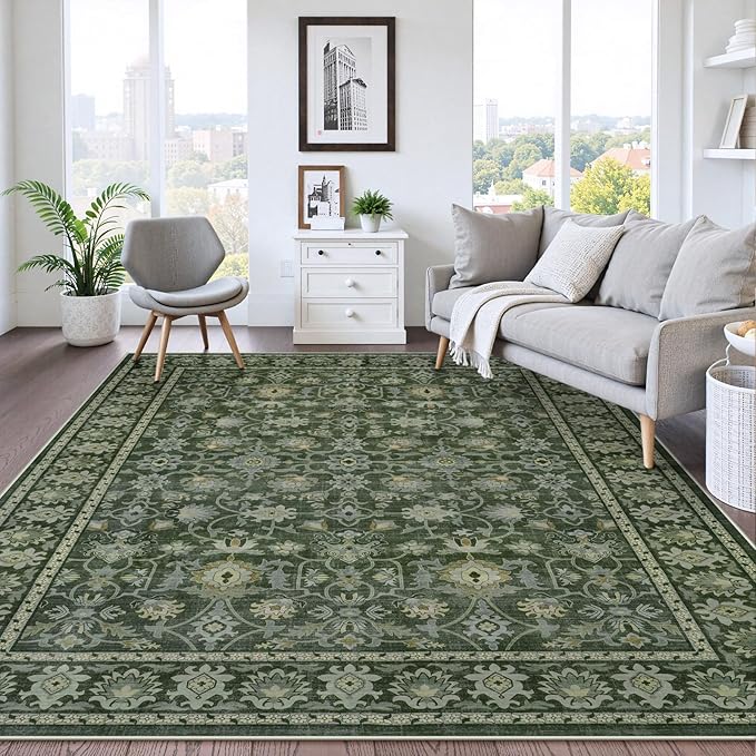 LIVEBOX Washable Area Rug 8x10 - Large Green Boho Living Room Rug Vintage Rugs for Bedroom, Non-Slip Retro Floral Carpet Print Distressed Accent Rugs for Dining Room Home Office