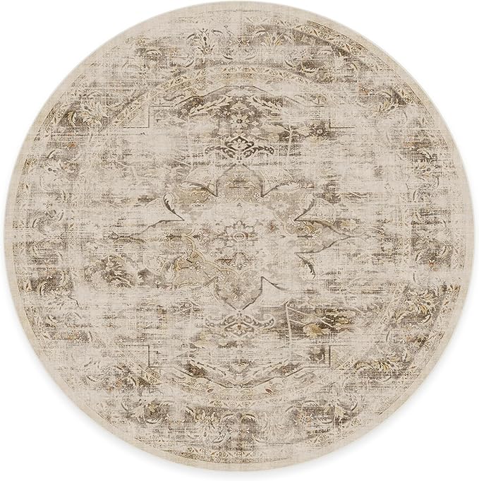 RUGGABLE Washable Vintage Area Rug – Sarrah Hazel 8 ft Round, Stain-Resistant, Non-Slip – Large Machine Washable Rugs for Living Room, Bedroom, Hallway, Entryway & Office–with Cushioned Pad
