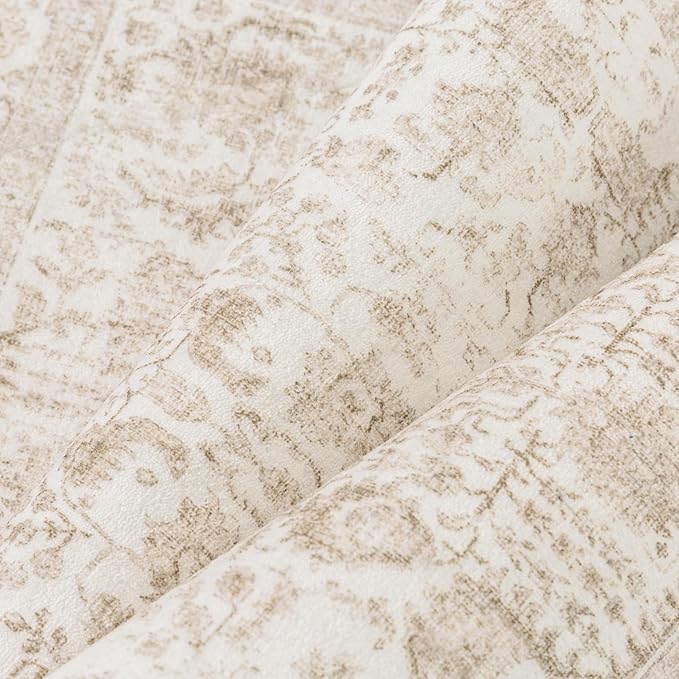 Beige Area Rug 8x10 Machine Washable Large Vintage Living Room Distressed Non Slip Carpet Traditional Indoor Bedroom Retro Floral Accent Throw Rug for Office Kitchen Dining Room