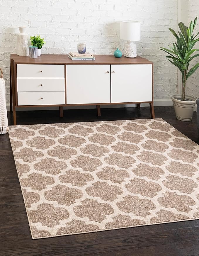 Rugs.com Lattice Collection Rug – 6 Ft Square Light Brown Medium-Pile Rug Perfect for Living Rooms, Kitchens, Entryways