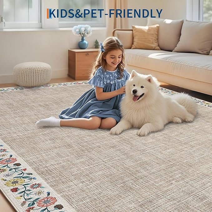 GarveeHome Washable Rugs for Living Rom 8 x 10 Large Area Rug Farmhouse Floral Bordered Bedroom Carpet Indoor Non-Slip Nursery Mat Soft Non Shedding Stain Resistant Carpet for Dining Room, Light Camel