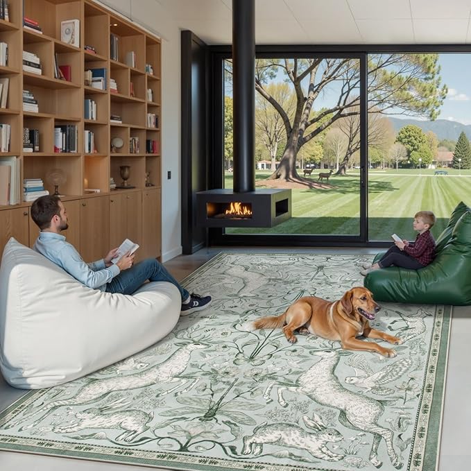 Lahome Boho Animal 6x9 Washable Living Room Area Rugs, Green Soft Rugs for Bedroom, Botanical Large Boho Non Slip Dining Room Carpet for Under Table Office Kids Playroom (6x9ft,Light Green)