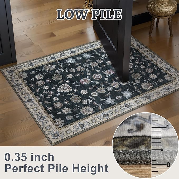 Tangsoo Floral Runner Rug 2x6 Washable Rug for Hallway, Non-Slip Vintage Black Runner Rug for Entryway Indoor, Brown Print Carpet Runner Rugs, Soft Low Pile Long Rug Runner for Kitchen
