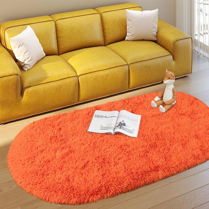 Soft Fluffy Area Rug for Bedroom, Orange Fuzzy Shaggy Oval Throw Rugs for Bedside, Non-Slip Cozy Plush Shag Carpet for Girls Kids Room Nursery Dorm Living Room, 2.6 x 5.3 Feet