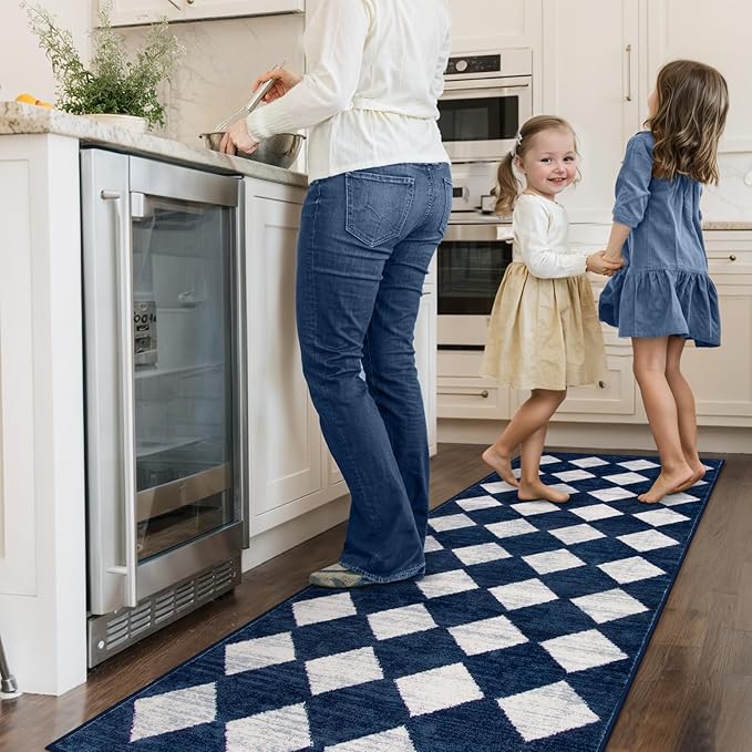 Lahome Checkered Washable Runner Rug,2x6 Rug Runners for Hallways Non Slip,Blue Kitchen Runner Rug,Moroccan Trellis Soft Low Pile Carpet Runners for Entryway Laundry Room Bathroom(2'x6',Blue)