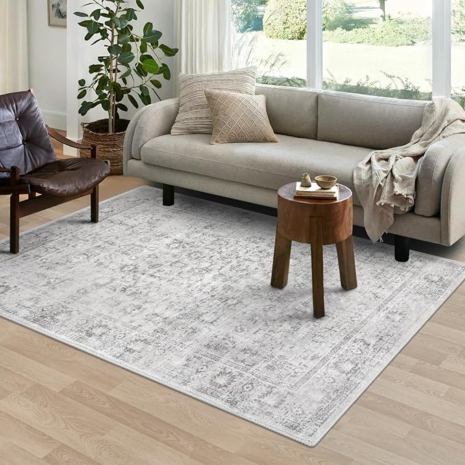 LIVEBOX Washable Area Rug 5x7 Large Boho Living Room Rug Vintage Grey Rugs for Bedroom, Lightweight Retro Carpet Floral Accent Rugs for Nursery Room High Traffic Area