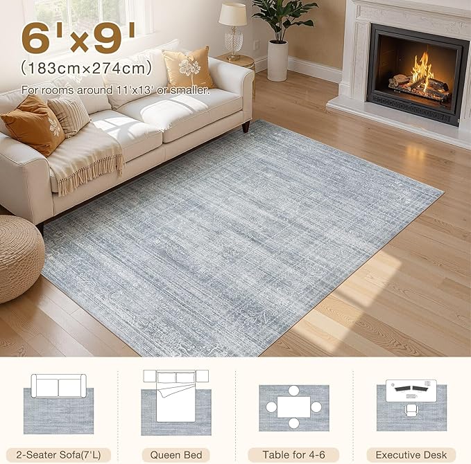 6x9 Area Rugs Living Room: Washable Large Vintage Blue Rug Neutral Non-Slip Soft Stain Resistant Indoor Carpet for Bedroom Nursery Dining Room Under Table Bed Home House Office Playroom