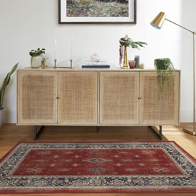 RUGGABLE Washable Vintage Area Rug – Verena Amber Red 3x5, Stain-Resistant, Non-Slip – Small Machine Washable Rugs for Living Room, Bedroom, Hallway, Entryway & Office–with Standard Pad
