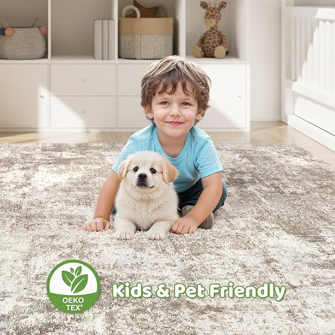 7x10 Area Rug Living Room: Washable Large Abstract Soft Rugs Stain Resistant Indoor Floor Non-Slip Accent Carpet for Women Modern Home Enthusiasts Aged- Bedroom Nursery Playroom- Beige Brown