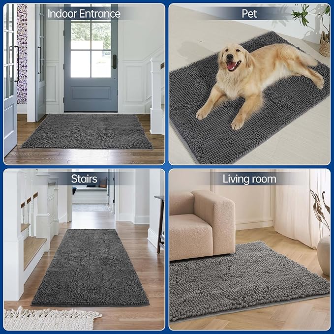 Chenille Absorbent Front Door Mat 60" x 30", Dog Door Mat for Muddy Paws, Dirt Trapper Doormat, Mud Mat for Dogs, Washable Non Slip Outdoor Indoor Doormats for Entryway, Grey