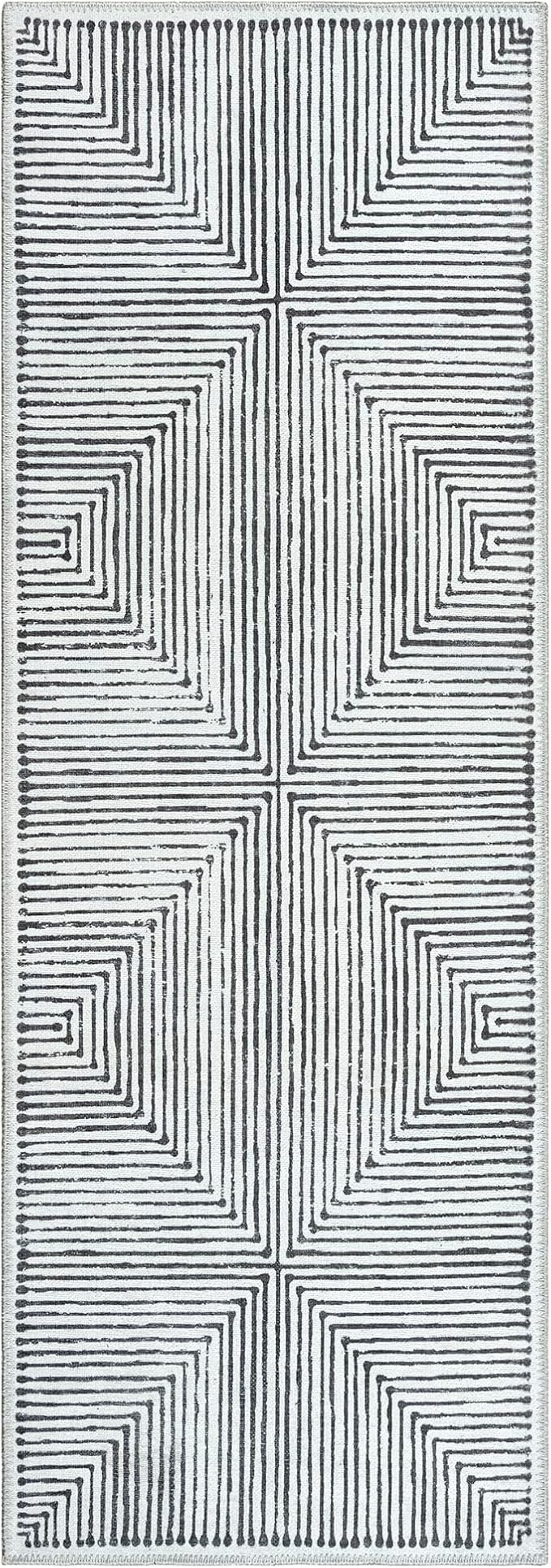 Bloom Rugs Washable Non-Slip 12 ft Runner - Black/Ivory Striped Runner for Entryway, Hallway, Bathroom, and Kitchen - Exact Size: 2.5' x 12'
